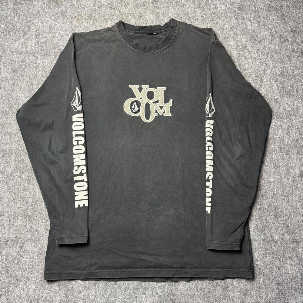 Vintage Volcom Long Sleeve Shirt Gray Logo Sleeve Print Skate Y2K